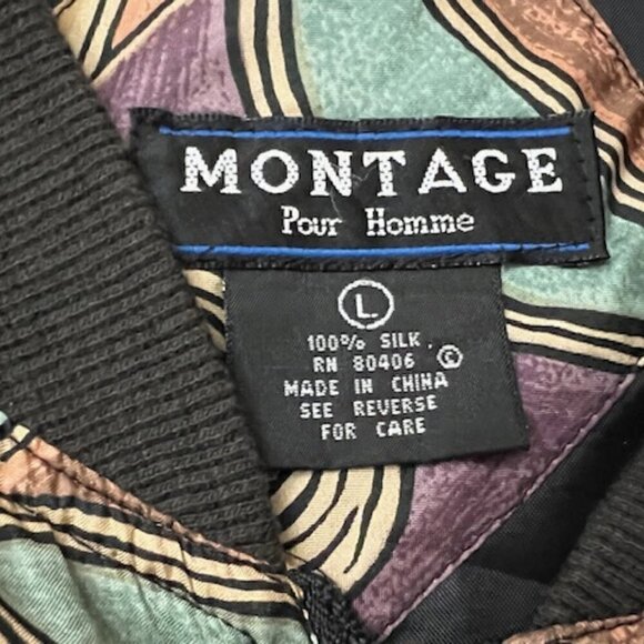 Vintage Montage Pour Homme Men's 100% Silk Bomber Jacket Geometric Print - Picture 5 of 5
